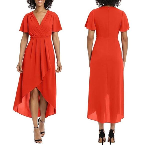 Maggy London Dress Faux Wrap Flutter Sleeve Pleated Hi Lo Midi Valiant Poppy 8 - Picture 1 of 10